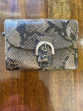 Y2K Coach Snake-Print Leather Wallet in Gray and Black with Silver Buckle